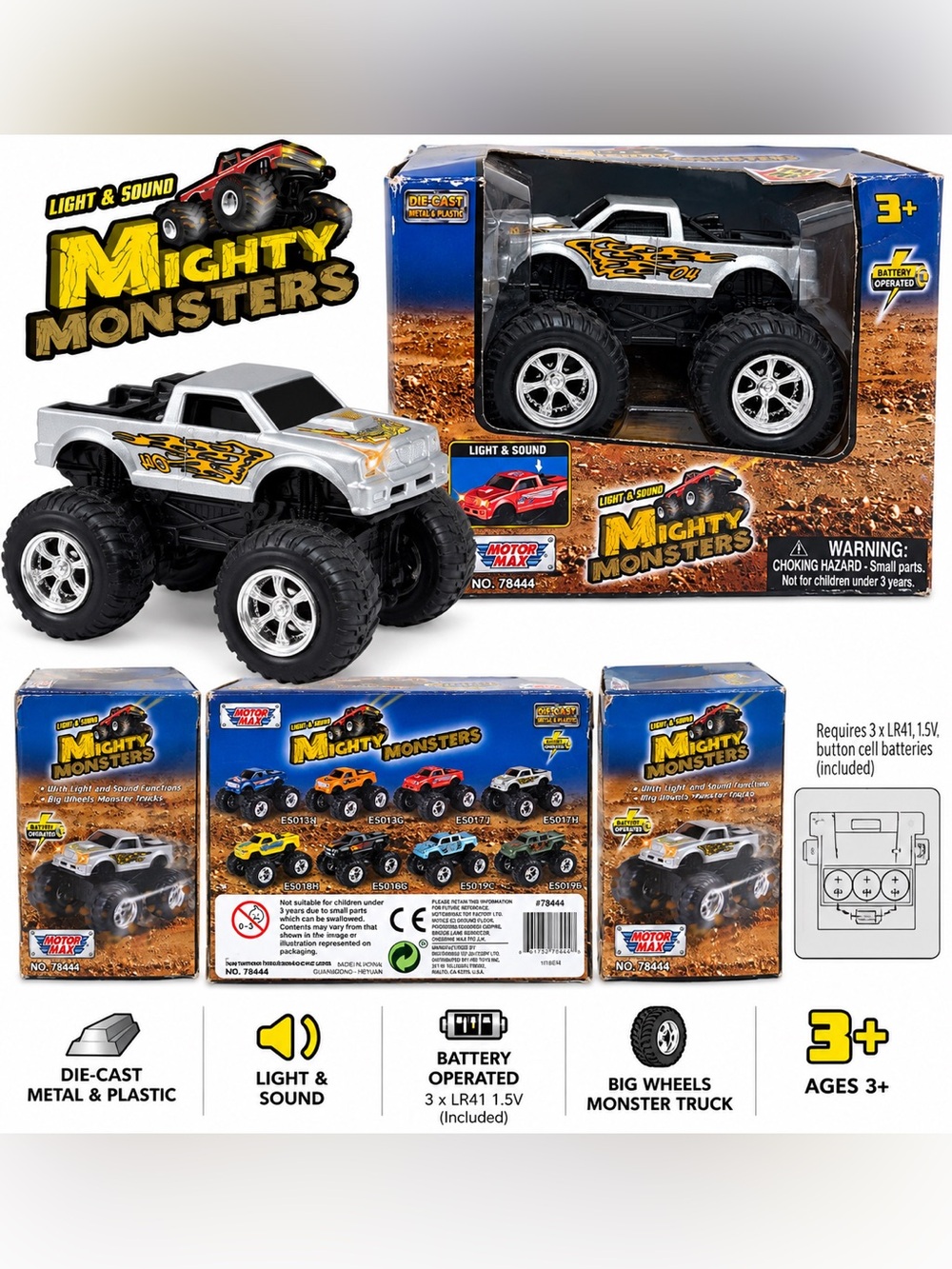 Motor Max Mighty Monsters Monster Truck #78444 Silver Flames Light Sound 2016